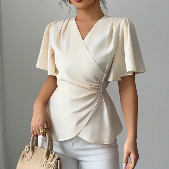 Classic Ruched Butterfly Sleeve Peplum Blouse - Picture 1 of 4